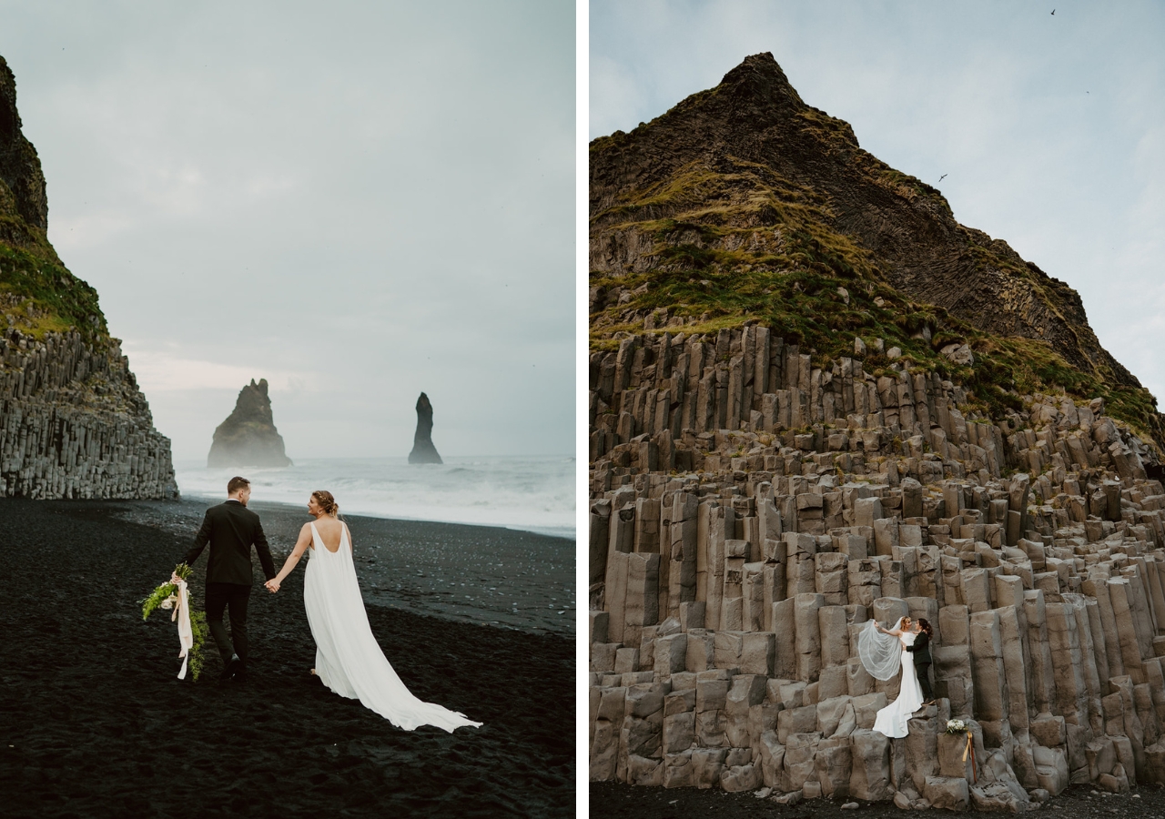Two photos side by side. On the left is a couple in wedding attire walking hand-in-hand along Black Sand Beach. In the right photo is a couple embracing with the Basalt columns towering over them.