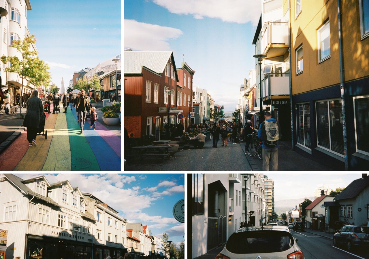 Four film photos depicting scenes around downtown Iceland.