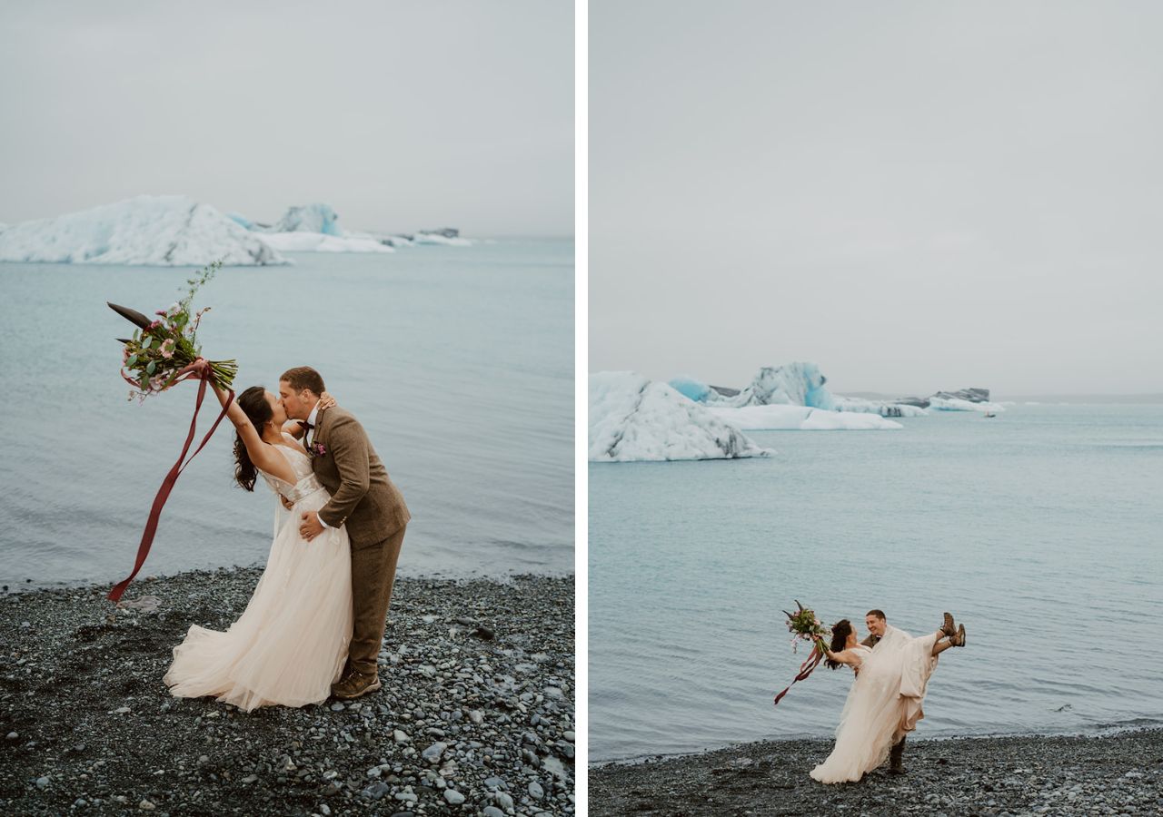 Two photos side by side, both show a couple celebrating with a blue glacial lagoon behind them. The bride is holding her bouquet in the air while being kissed by the groom in the first photo. In the second photo the groom is lifting the bride up in his arms and they are smiling at eachother.
