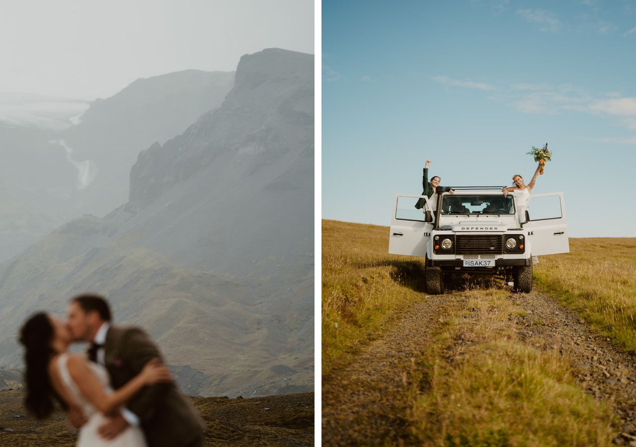 Two photos side by side. On the left is an out of focus couple in the foreground with the towering mountains of the highlands behind them with a glacier on top. On the right is a couple with each of them standing on either side of the vehicle celebrating with their hands up.