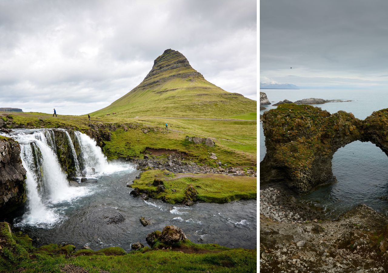 Two photos side by side of the West Fjords region of Iceland. On the left is a waterfall with a lush green mountain in the background. On the right is a rock formation in the ocean creating an arch shape.